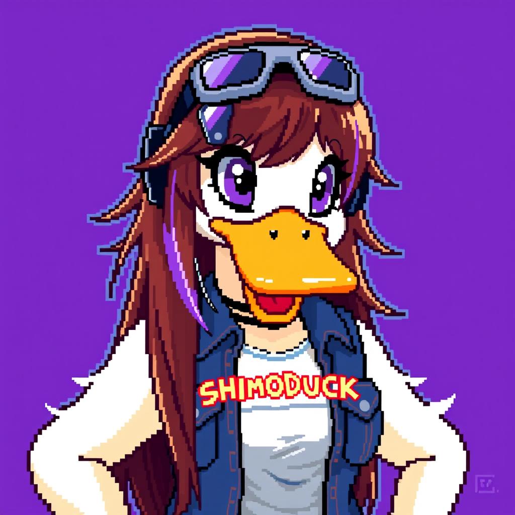 Pixel art of a female white duck gamer with long brown hair and violet streaks