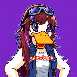 Pixel art of a female white duck gamer with long brown hair and violet streaks