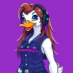 Pixel art of a female white duck gamer with long brown hair and violet streaks