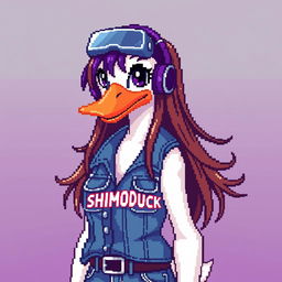 Pixel art of a female white duck gamer with long brown hair and violet streaks