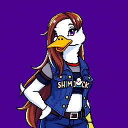 Pixel art of a female white duck gamer with long brown hair and violet streaks