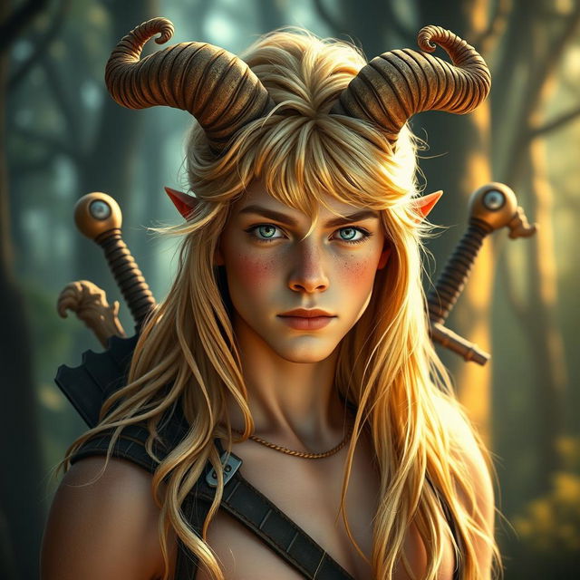 A mystical portrait of a 25-year-old male satyr, featuring lustrous golden blonde fur and distinctive, curling horns atop his head, adding to his mythical allure