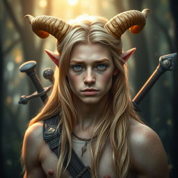 A mystical portrait of a 25-year-old male satyr, featuring lustrous golden blonde fur and distinctive, curling horns atop his head, adding to his mythical allure