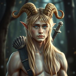 A mystical portrait of a 25-year-old male satyr, featuring lustrous golden blonde fur and distinctive, curling horns atop his head, adding to his mythical allure