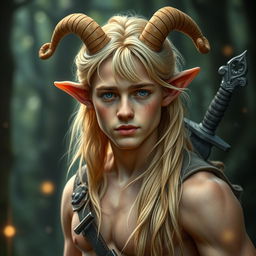 A mystical portrait of a 25-year-old male satyr, featuring lustrous golden blonde fur and distinctive, curling horns atop his head, adding to his mythical allure