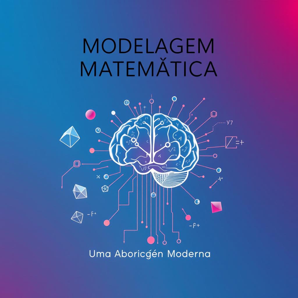 Capa ilustrada de um eBook sobre modelagem matemática apresentando formas geométricas intrincadas e equações flutuando em um espaço digital