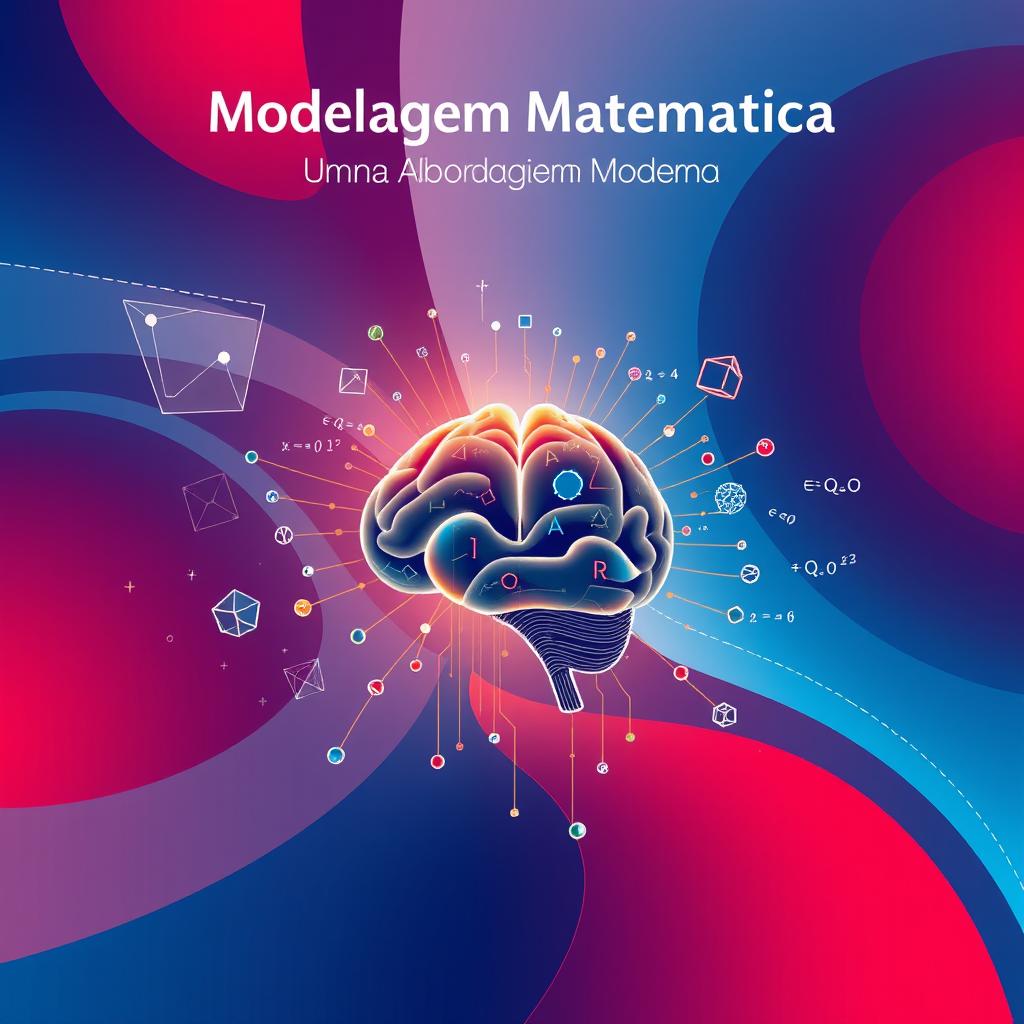 Capa ilustrada de um eBook sobre modelagem matemática apresentando formas geométricas intrincadas e equações flutuando em um espaço digital