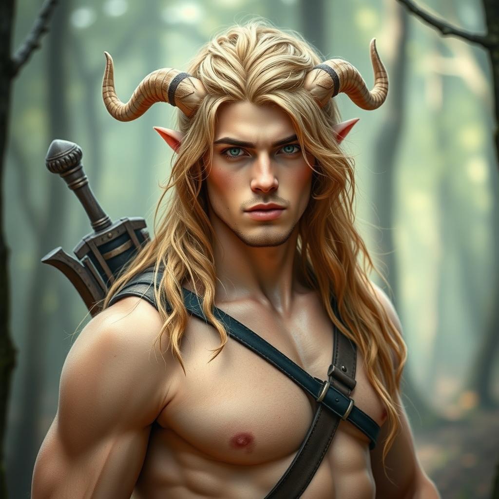 A mystical portrait of a 25-year-old male satyr, showcasing golden blonde fur and elegantly cascading hair that reaches just his neck, enhancing his striking appearance