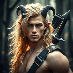 A mystical portrait of a 25-year-old male satyr, showcasing golden blonde fur and elegantly cascading hair that reaches just his neck, enhancing his striking appearance