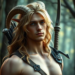 A mystical portrait of a 25-year-old male satyr, showcasing golden blonde fur and elegantly cascading hair that reaches just his neck, enhancing his striking appearance