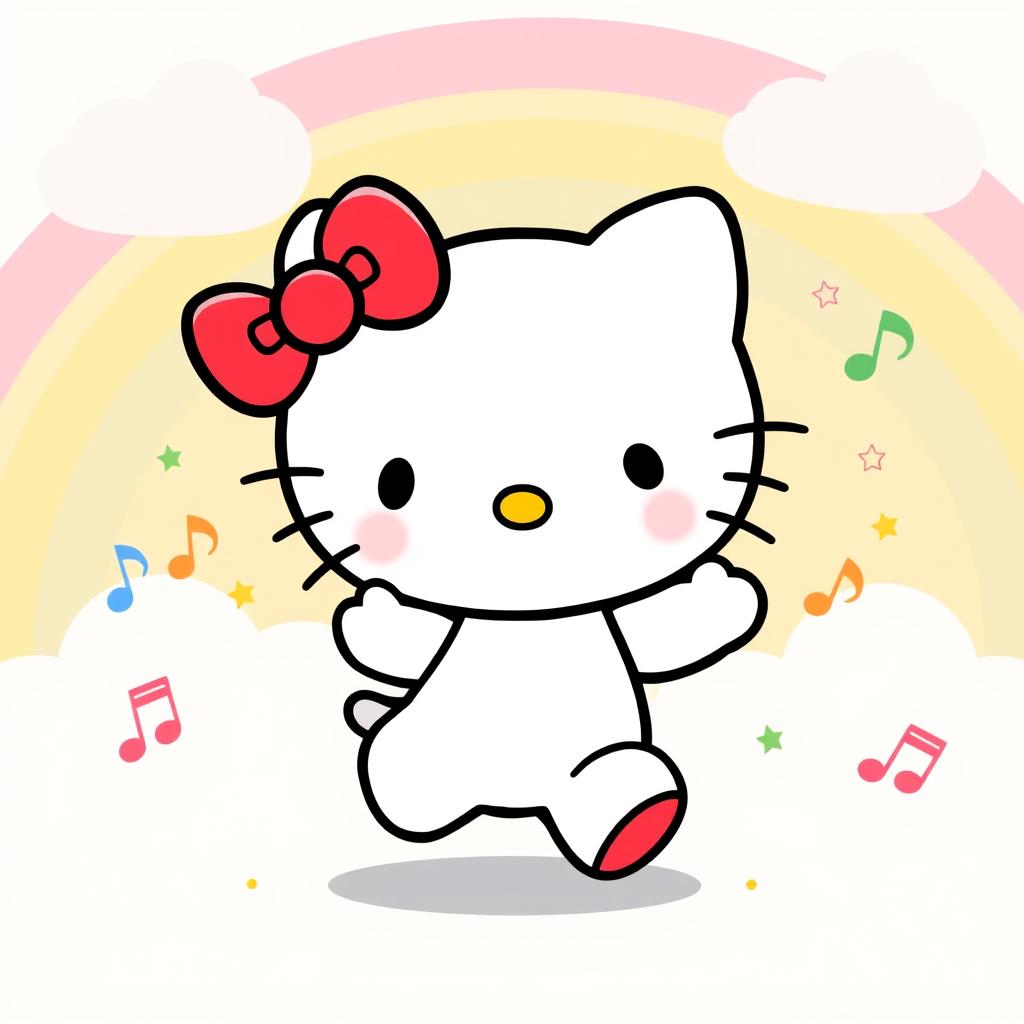 A cute Hello Kitty character with her iconic red bow and little yellow nose, joyfully moving and dancing in a playful manner