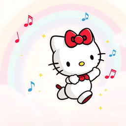 A cute Hello Kitty character with her iconic red bow and little yellow nose, joyfully moving and dancing in a playful manner