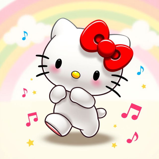 A cute Hello Kitty character with her iconic red bow and little yellow nose, joyfully moving and dancing in a playful manner