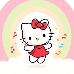 A cute Hello Kitty character with her iconic red bow and little yellow nose, joyfully moving and dancing in a playful manner