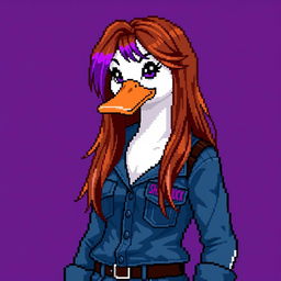 A pixel art depiction of a female white duck gamer, characterized by her long brown hair with violet streaks