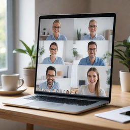 A modern laptop on a desk showing a video conference with multiple people on the screen, in a cosy home office setting.