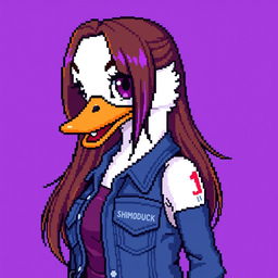 A pixel art depiction of a female white duck gamer, characterized by her long brown hair with violet streaks