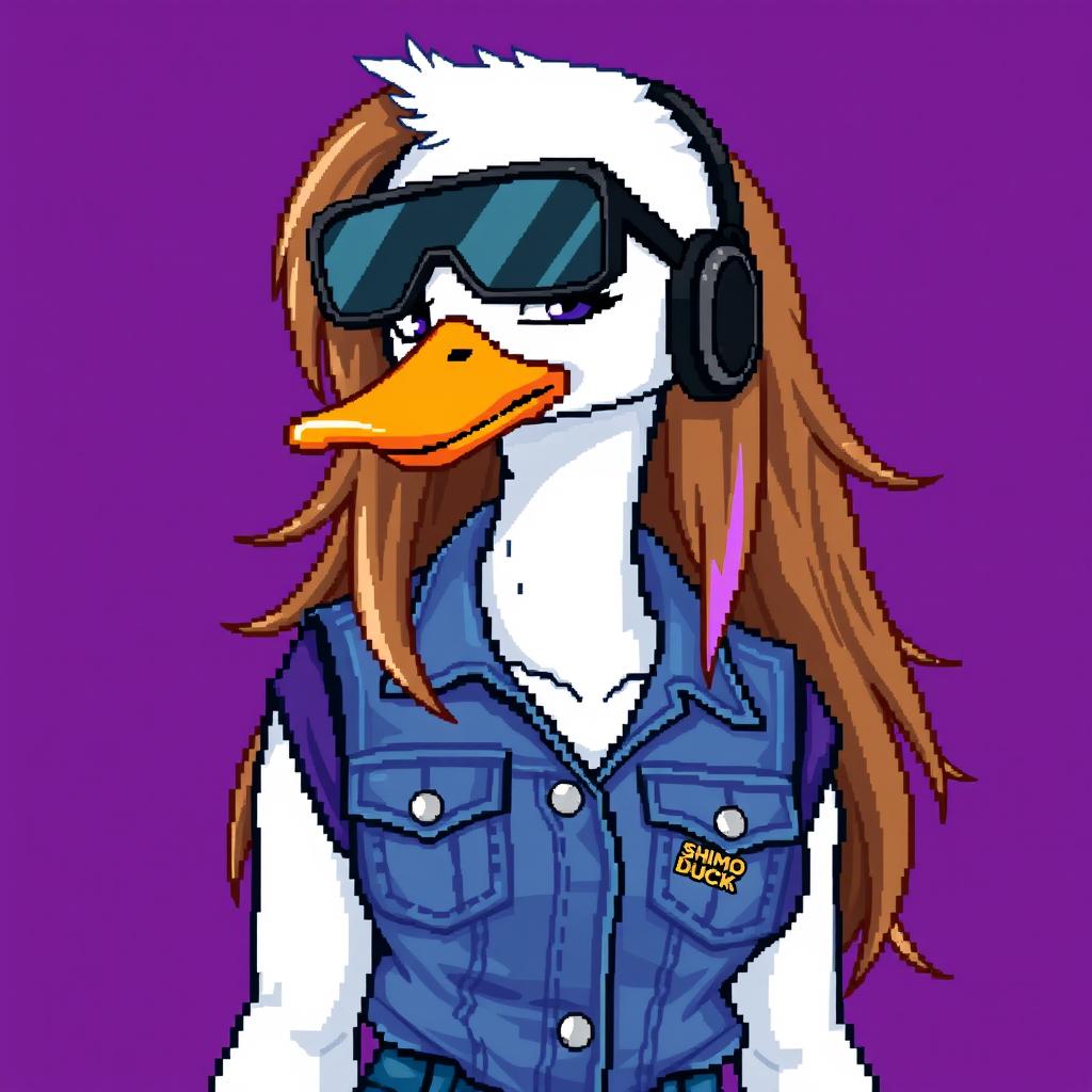 A pixel art depiction of a female white duck gamer, characterized by her long brown hair with violet streaks