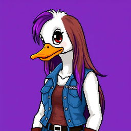 A pixel art depiction of a female white duck gamer, characterized by her long brown hair with violet streaks