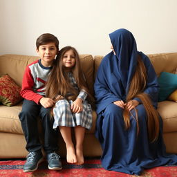 A boy sitting with the girl from next door, on the first couch