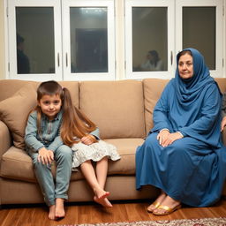 A boy sitting with the girl from next door, on the first couch