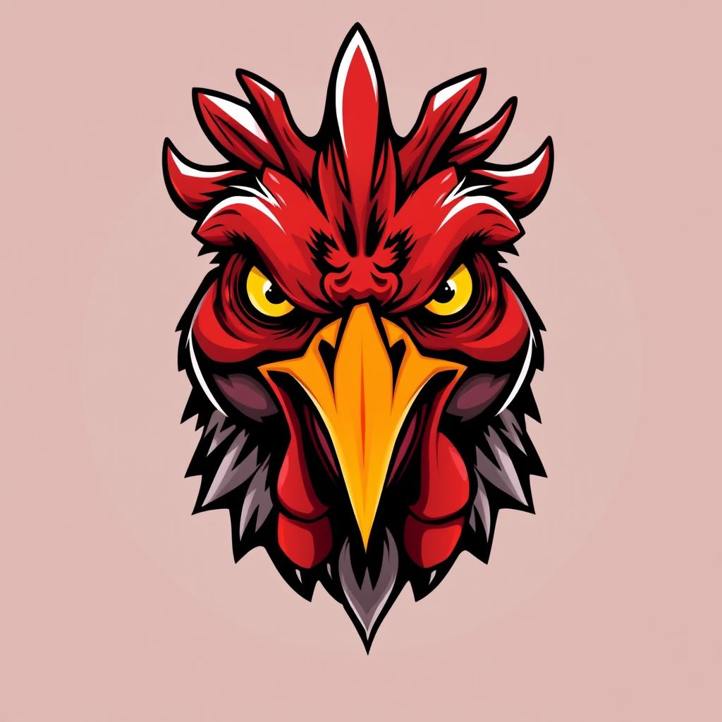 A furious chicken head with fiery red feathers, wide angry eyes, and a sharp, pointed beak