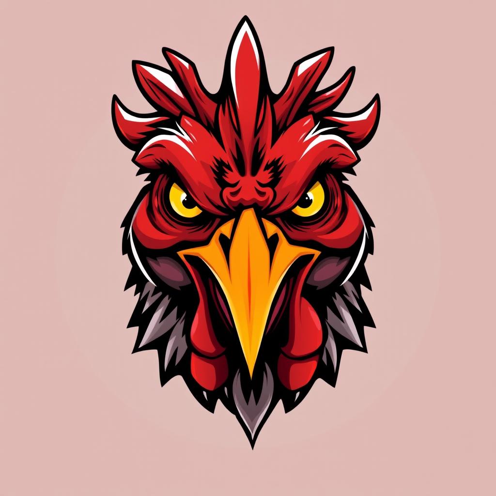 A furious chicken head with fiery red feathers, wide angry eyes, and a sharp, pointed beak