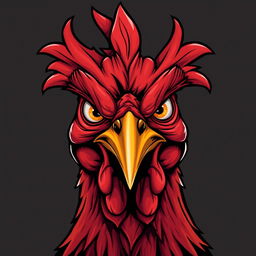 A furious chicken head with fiery red feathers, wide angry eyes, and a sharp, pointed beak