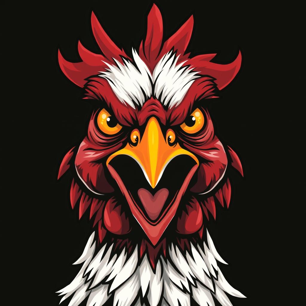 A furious chicken head with fiery red feathers, wide angry eyes, and a sharp, pointed beak