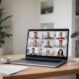 A modern laptop on a desk showing a video conference with multiple people on the screen, in a cosy home office setting.