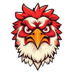 A furious chicken head with fiery red feathers, wide angry eyes, and a sharp, pointed beak