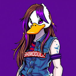 A pixel art banner featuring a female white duck gamer, with long brown hair and vibrant violet streaks