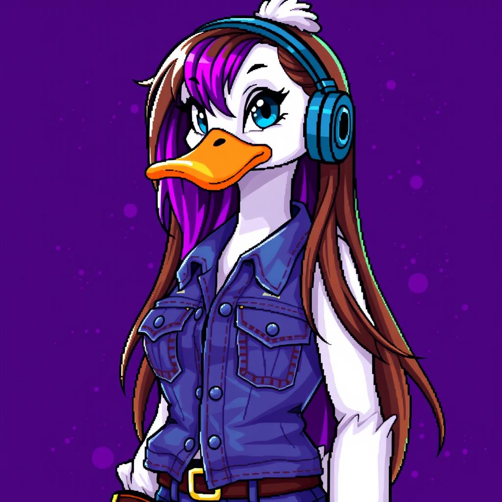 A pixel art banner featuring a female white duck gamer, with long brown hair and vibrant violet streaks