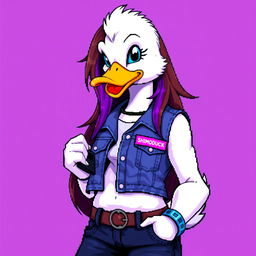 A pixel art banner featuring a female white duck gamer, with long brown hair and vibrant violet streaks