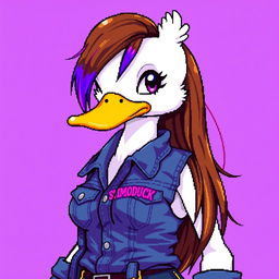 A pixel art banner featuring a female white duck gamer, with long brown hair and vibrant violet streaks