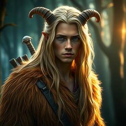 A mystical portrait of a 25-year-old male satyr, featuring a coat of radiant golden blonde fur that catches the ambient forest light