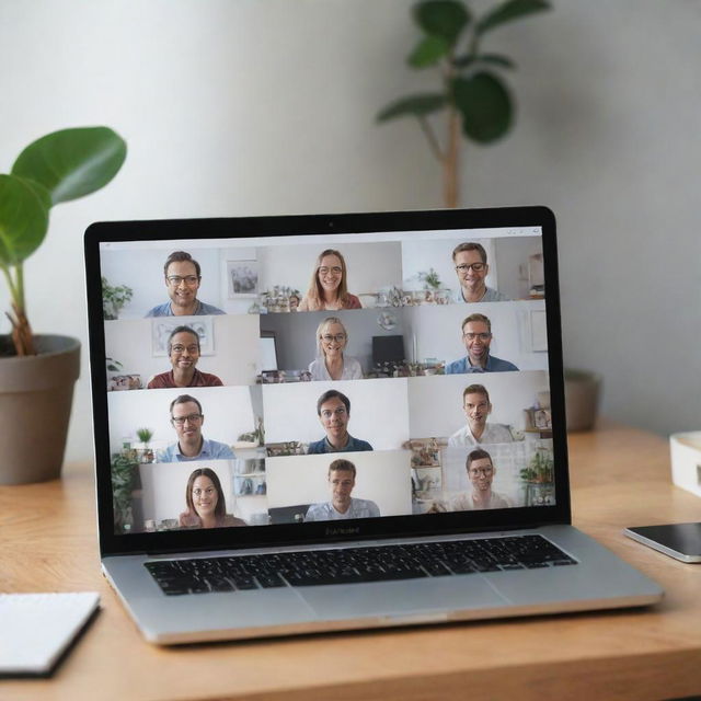 A modern laptop on a desk showing a video conference with multiple people on the screen, in a cosy home office setting.