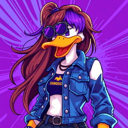 A dynamic pixel art banner featuring a female white duck gamer