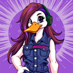 A dynamic pixel art banner featuring a female white duck gamer