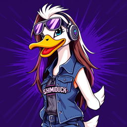 A dynamic pixel art banner featuring a female white duck gamer