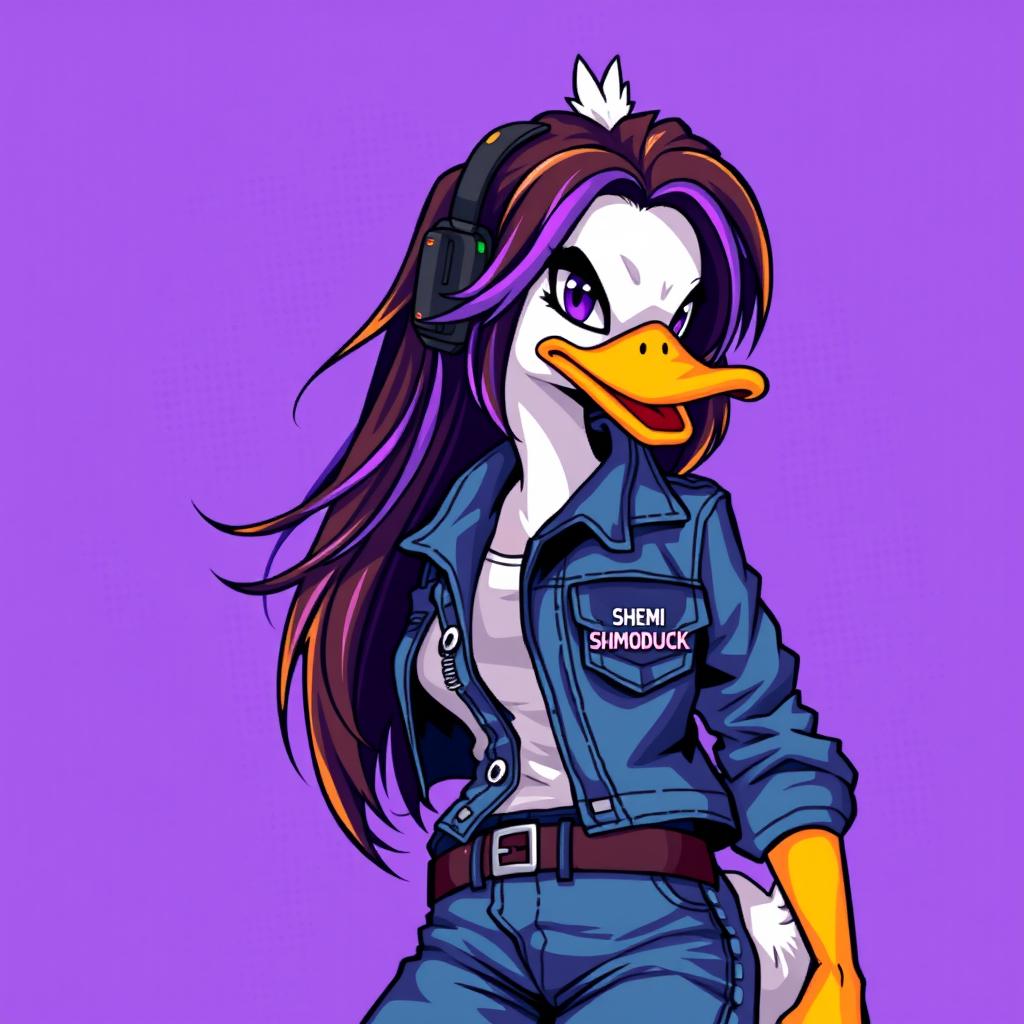 A dynamic pixel art banner featuring a female white duck gamer