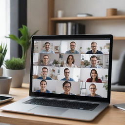 A modern laptop on a desk showing a video conference with multiple people on the screen, in a cosy home office setting.