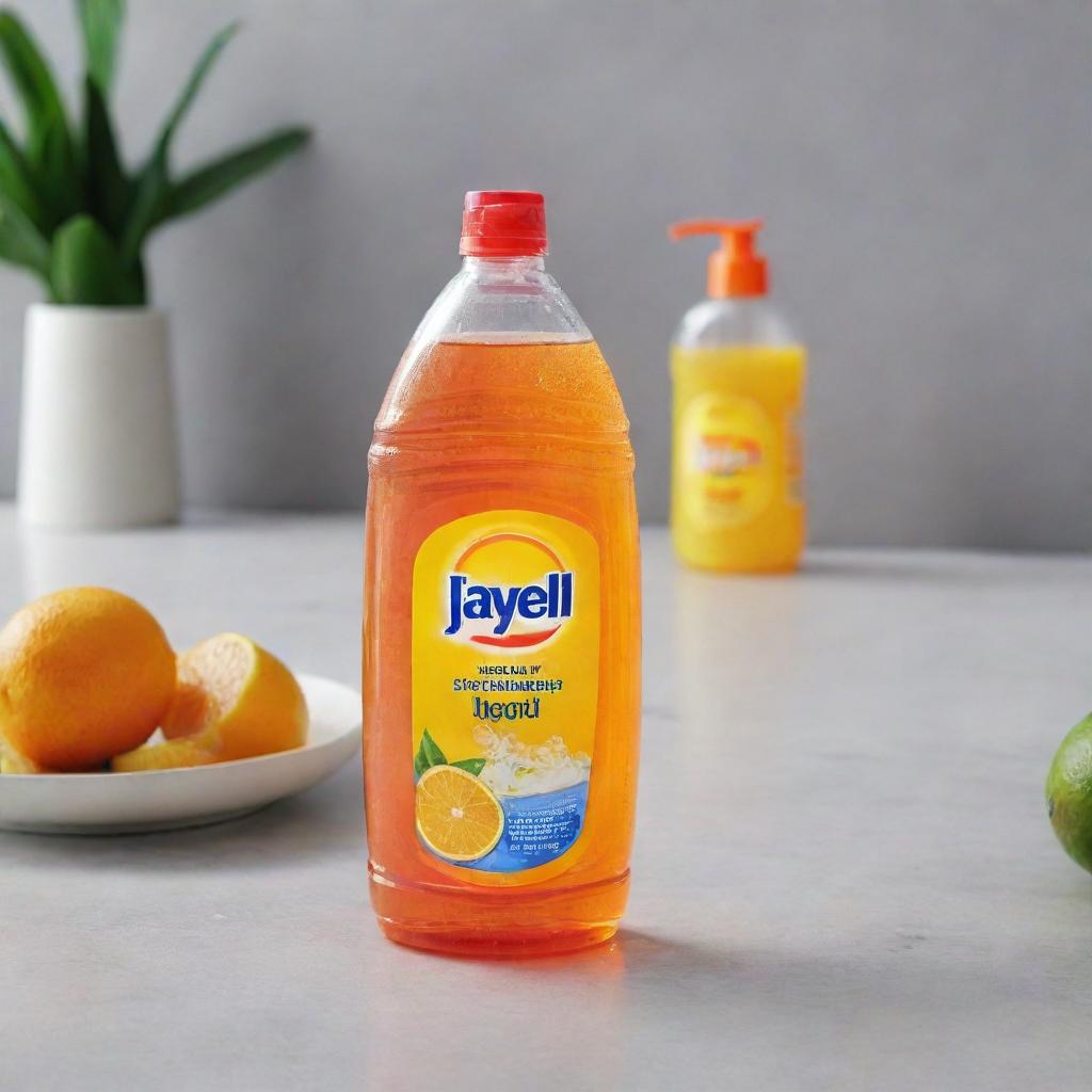 A vibrant image of a bottle of Jayell dishwashing liquid on a neat, bright kitchen counter with soap bubbles and fresh citrus fruits nearby.