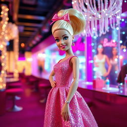 A fashion-forward Barbie doll posing in a vibrant, glamorous setting