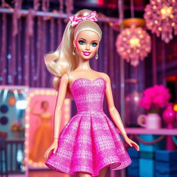 A fashion-forward Barbie doll posing in a vibrant, glamorous setting