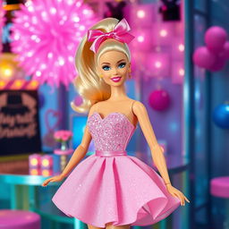 A fashion-forward Barbie doll posing in a vibrant, glamorous setting