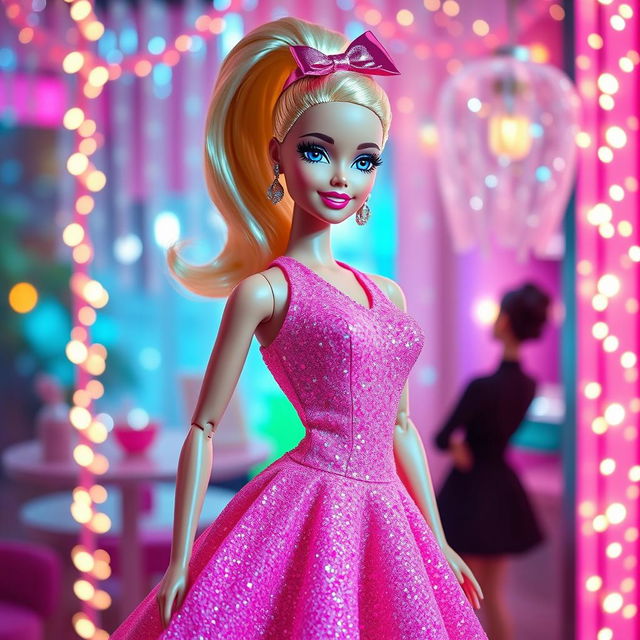 A fashion-forward Barbie doll posing in a vibrant, glamorous setting