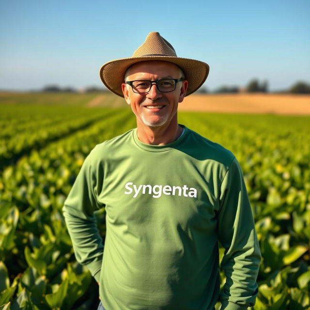 A farmer confidently wearing a long sleeve Syngenta-branded shirt, standing proudly in a lush green field