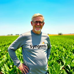 A farmer confidently wearing a long sleeve Syngenta-branded shirt, standing proudly in a lush green field