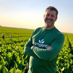 A farmer confidently wearing a long sleeve Syngenta-branded shirt, standing proudly in a lush green field